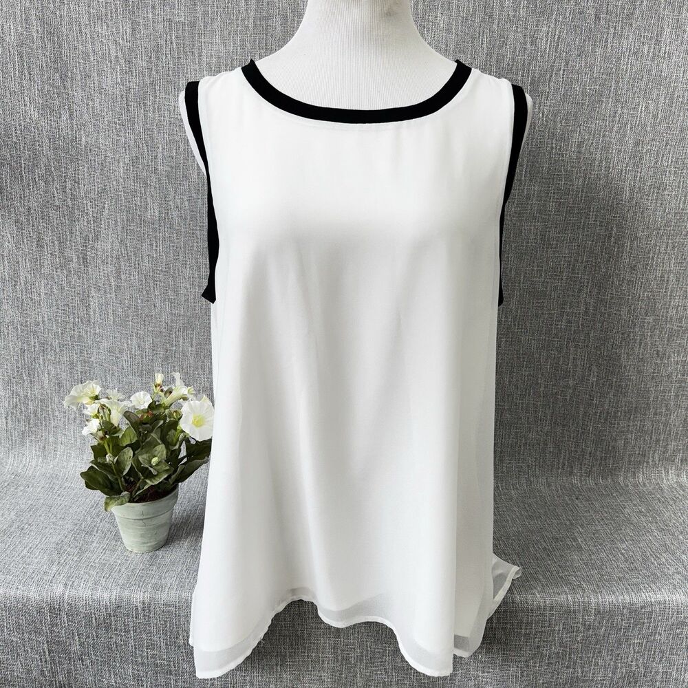 Calvin Klein women’s white & black trim sleeveless tank top blouse XL lined New